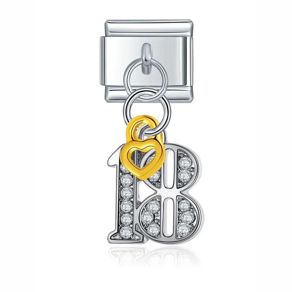 Number 18 with Stones, on Silver - Charms Official