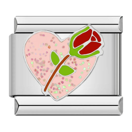 Glittery Pink Heart with Whole Red Rose, on Silver - Charms Official
